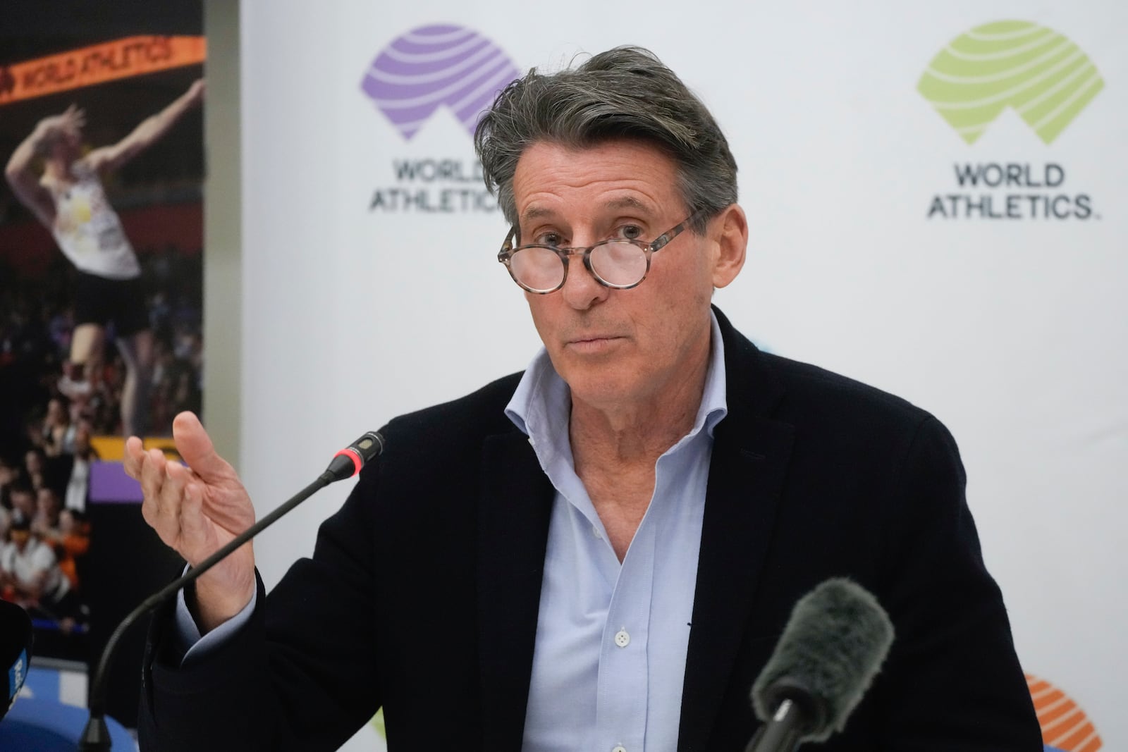 FILE - World Athletics President Sebastian Coe holds a press conference at the conclusion of the World Athletics meeting at the Italian National Olympic Committee, headquarters in Rome, Nov. 30, 2022. (AP Photo/Gregorio Borgia, File)