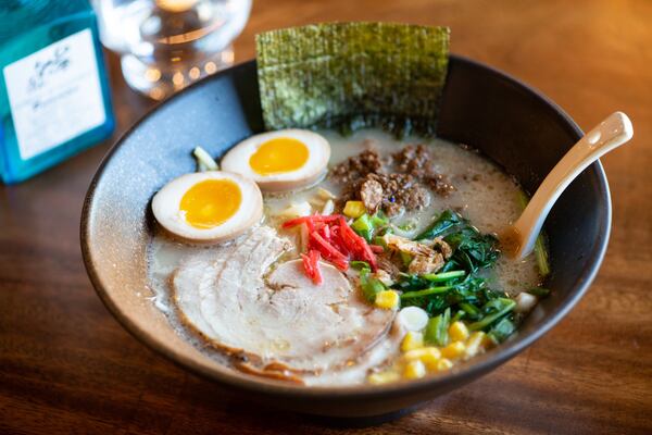 Hotto Tonkotsu Ramen with braised pork belly, minced pork topping, soft-boiled egg, butter garlic corn, veggies, bean sprouts, bamboo shoots, shiitake mushroom, roasted nori and scallions. Photo credit- Mia Yakel.