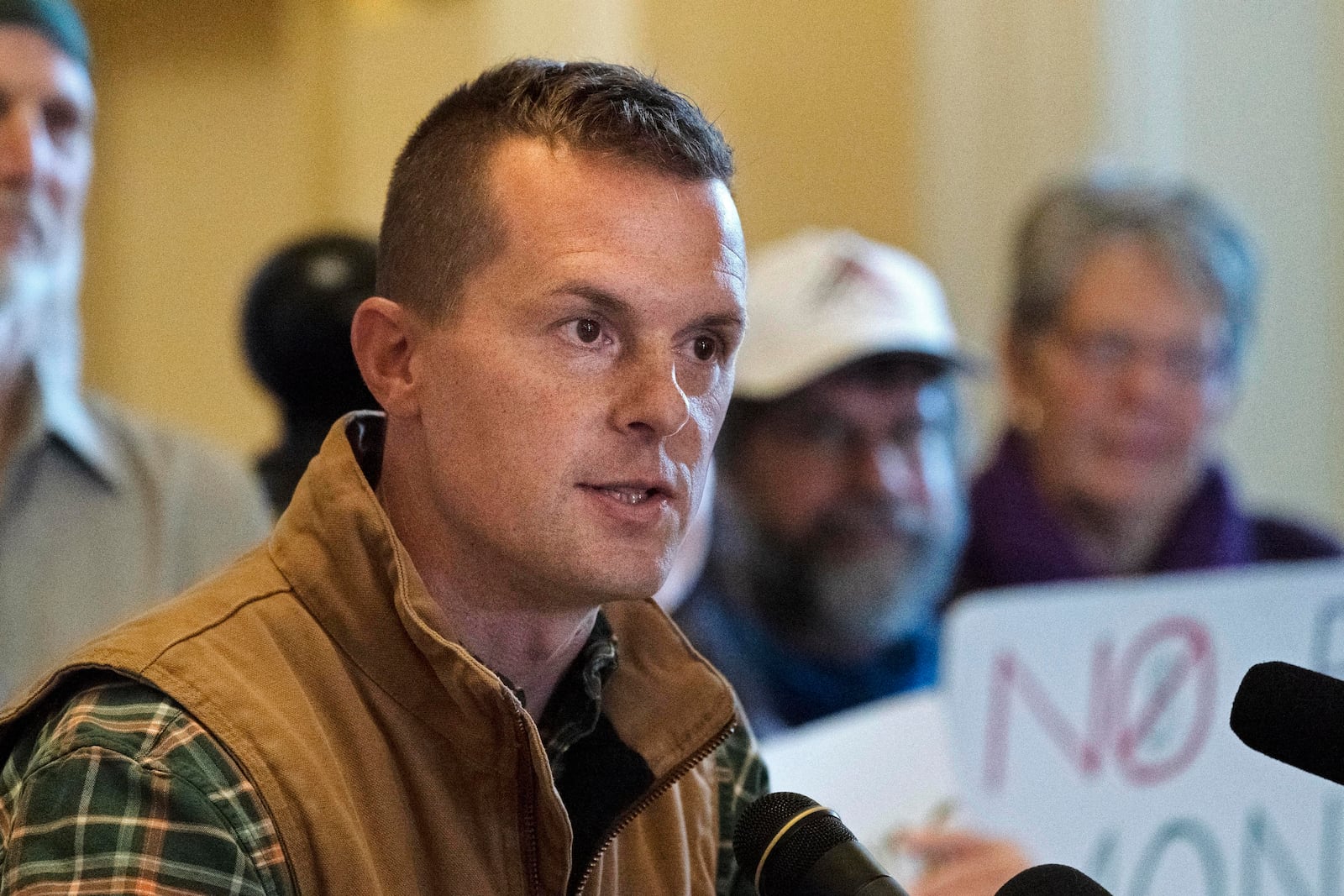 FILE - U.S. Rep. Jared Golden, D-Maine, speaks at a news conference, Nov. 1, 2022, at the Statehouse in Augusta, Maine. (AP Photo/Robert F. Bukaty, File)