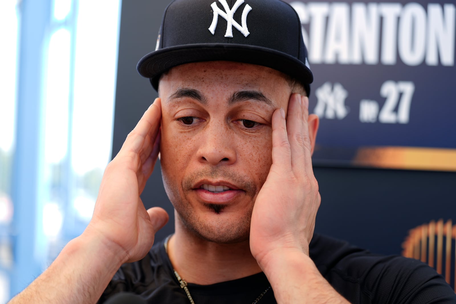 New York Yankees designated hitter Giancarlo Stanton during media day for the baseball World Series against the Los Angeles Dodgers, Thursday, Oct. 24, 2024, in Los Angeles. (AP Photo/Julio Cortez)