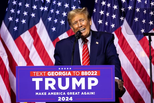 Republican presidential candidate and former president Donald Trump speaks at a campaign rally at Forum River Center in Rome on Saturday, March 9, 2024. (Arvin Temkar / arvin.temkar@ajc.com)