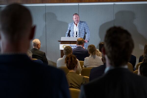 Georgia Tech football coach Brent Key speaks at the groundbreaking for the Fanning Center. Photo: Georgia Tech Athletics / Eldon Lindsay