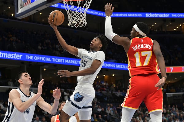 Memphis Grizzlies forward GG Jackson II (45) shoots against Atlanta Hawks forward Onyeka Okongwu (17) in the first half of an NBA basketball game, Monday, March 3, 2025, in Memphis, Tenn. (AP Photo/Brandon Dill)