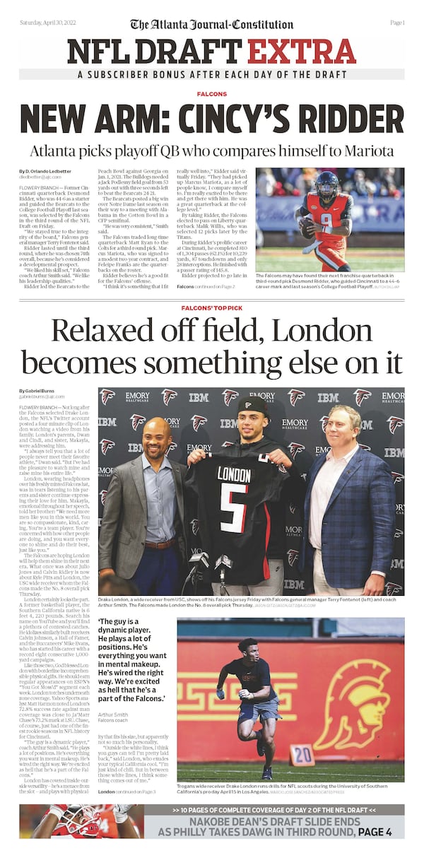 A quarterback for the Falcons and more NFL Draft coverage in Saturday ePaper