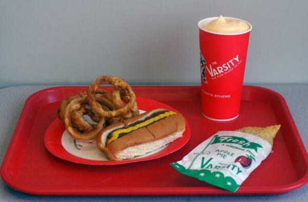 060818 - ATLANTA, GA -- A chili dog with french fries, a frosted orange drink and an apple pie at the Varsity in Atlanta, Ga Friday, August 18, 2006. (ELISSA EUBANKS/AJC staff) Would you wager a Varsity chili dog?