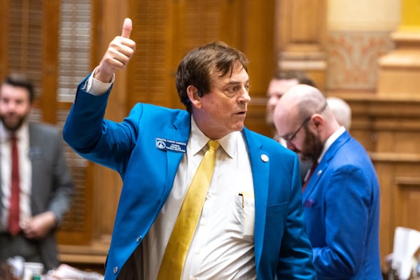 Sen. Carden Summers, R-Cordele, encourages a yes vote for a motion to reconsider a failed vote on HB 196 at the Senate in Atlanta on Sine Die, Wednesday, March 29, 2023. The bill aims to expand medical marijuana production, increase transparency and end lawsuits. (Arvin Temkar/AJC 2023)