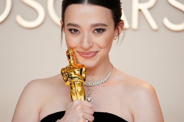 Mikey Madison, winner of the award for best performance by an actress in a leading role for "Anora," poses in the press room at the Oscars on Sunday, March 2, 2025, at the Dolby Theatre in Los Angeles. (Photo by Jordan Strauss/Invision/AP)