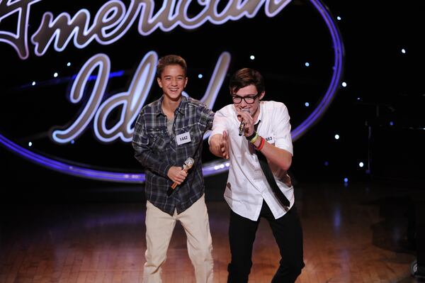 AMERICAN IDOL XIV: Contestants perform in group day on AMERICAN IDOL airing Wednesday, Feb. 11 (8:00-9:00 PM ET/ PT) on FOX. CR: FOX. © 2015 FOX Broadcasting Co. Daniel Seavey yuk it up with Trevor Douglas. CREDIT: Fox