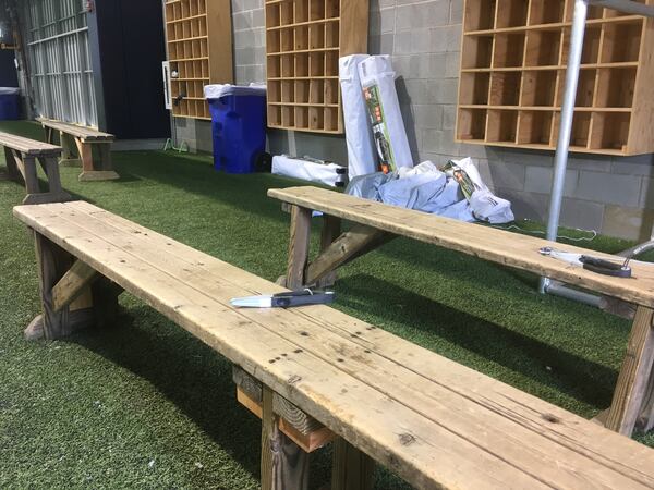 The corner of Georgia Tech's indoor practice facility where players discard the athletic tape used in the day's practice, on April 25, 2019.