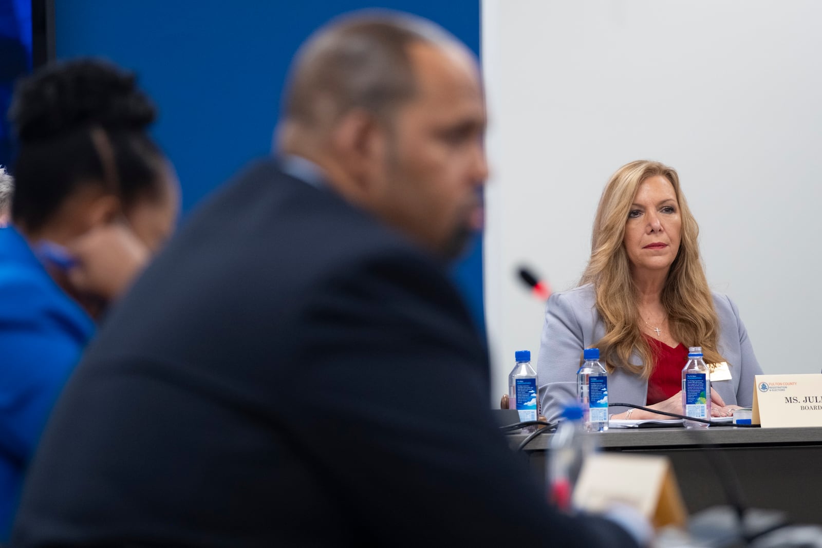 Fulton County Registration and Elections Board member Julie Adams listens during a meeting in Union City on Thursday, Aug. 8, 2024.   (Ben Gray / Ben@BenGray.com)