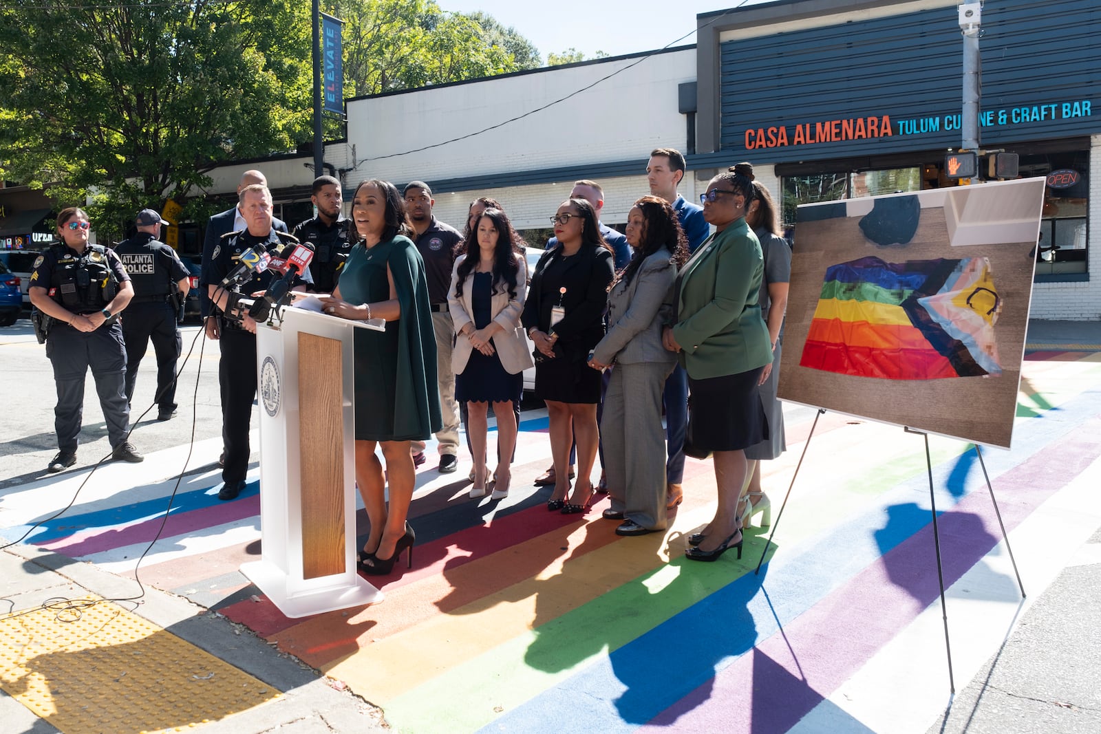 Fulton County District Attorney Fani Willis announces an indictment including hate crime charges against Ralph George Drabic during a press conference in Midtown on Friday, Oct. 11, 2024. Drabic is accused of defecating on a Pride flag during the Global Black Pride event in Atlanta in August.  Ben Gray for the Atlanta Journal-Constitution