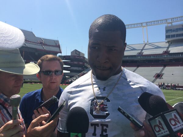 South Carolina tight end Rory "Busta" Anderson talking to the media after South Carolina's Pro Day on Wednesday. (By D. Orlando Ledbetter/Dledbetter@ajc.com)