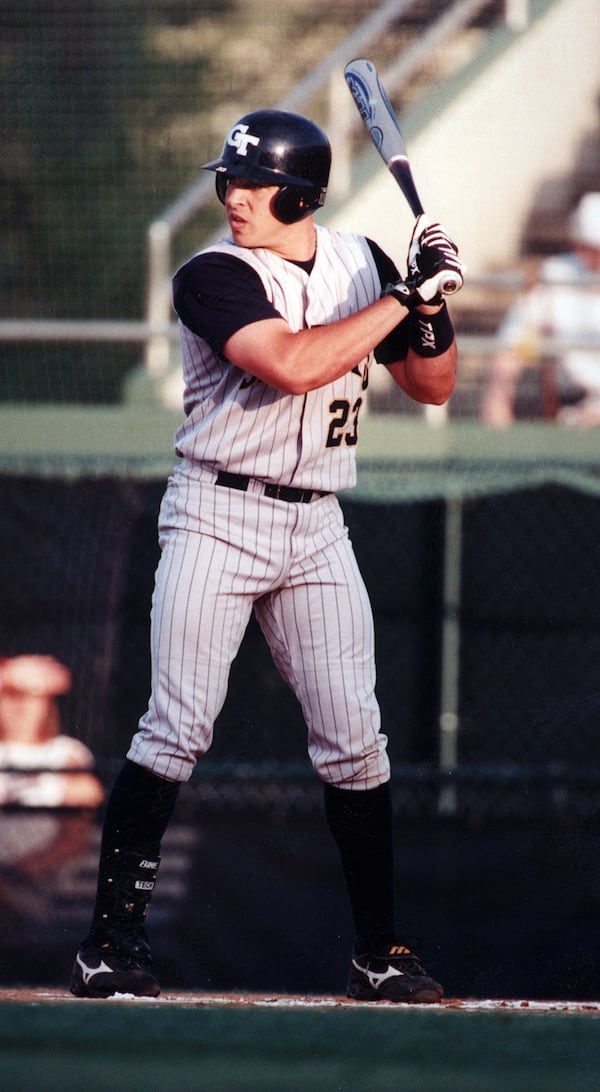 Georgia Tech baseball great Mark Teixeira in action during his time with the Yellow Jackets. He was a Tech letter-winner from 1999-2001 and is a member of the Georgia Tech Hall of Fame. He played in the major leagues from 2003-16. (Photo by Georgia Tech Athletics)