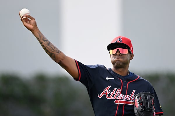 Atlanta Braves pitcher Raisel Iglesias throws a ball during spring training workouts at CoolToday Park, Friday, February 14, 2025, North Port, Florida. (Hyosub Shin / AJC)