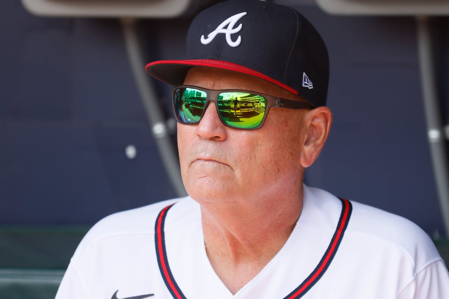 Braves manager Brian Snitker looks on during the fifth inning Sunday at Truist Park. (Miguel Martinez / miguel.martinezjimenez@ajc.com)