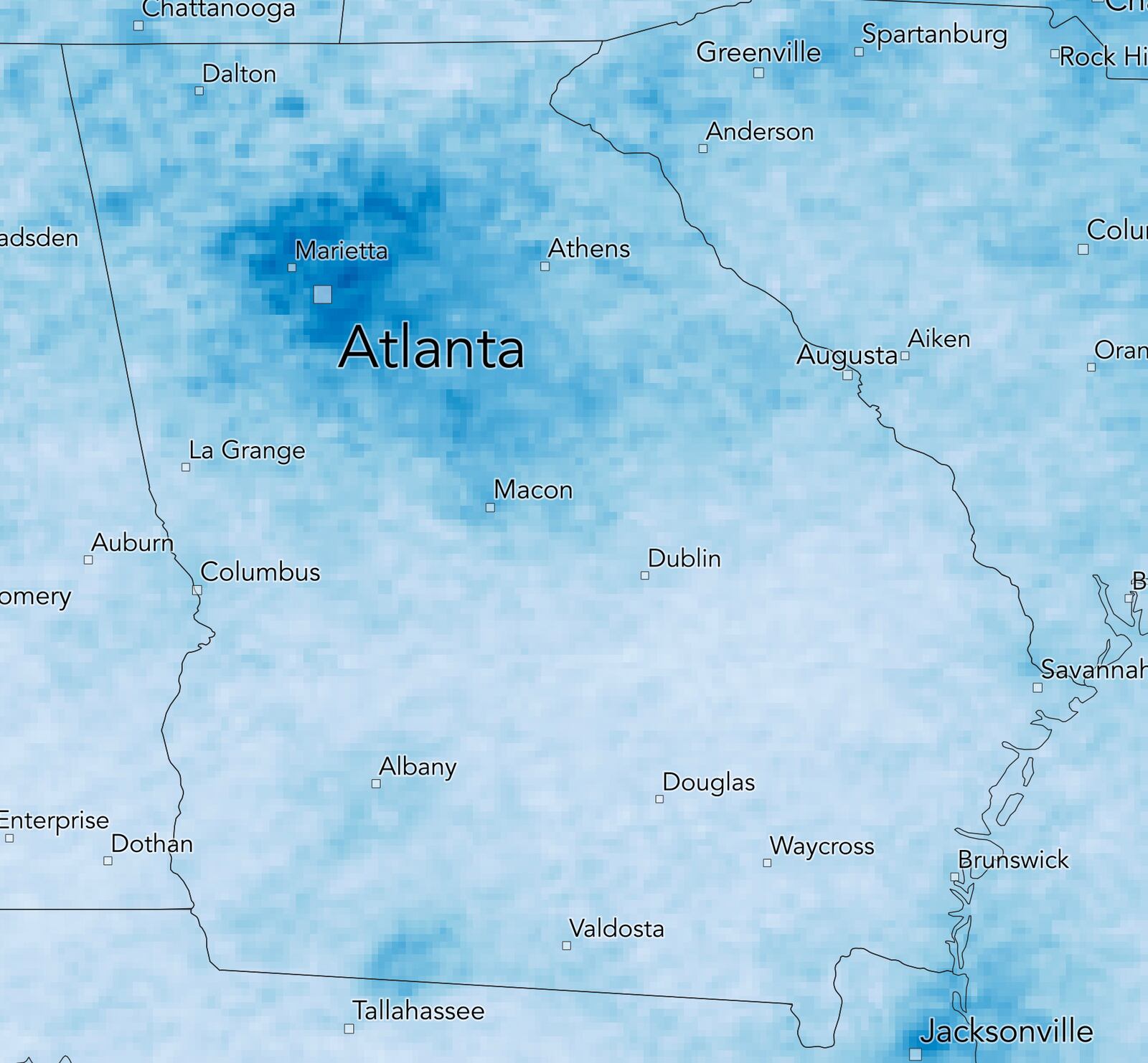 Satellite images showing levels of NO2 over metro Atlanta from March 11 - 31, 2020. Credit: Descartes Labs