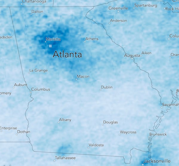 Satellite images showing levels of NO2 over metro Atlanta from March 11 - 31, 2020. Credit: Descartes Labs