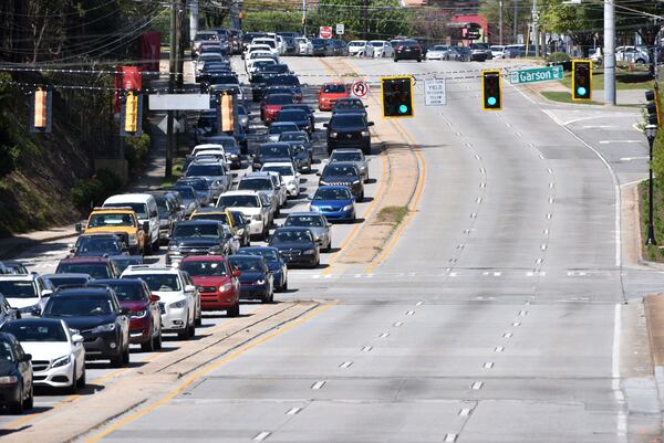 April 1, 2017 Atlanta - Traffic stacks up on Piedmont Road heading towards I-85 southbound near the site of the bridge collapse on Saturday, April 1, 2017. Necessary work is continuing on the damaged sections of I-85 bridge structures. This includes demolition of the existing failed and damaged structures - which includes two 350-foot sections of interstate, one section each in both the northbound and southbound lanes, totaling approximately 700 feet - as well as all reconstruction activities. HYOSUB SHIN / HSHIN@AJC.COM