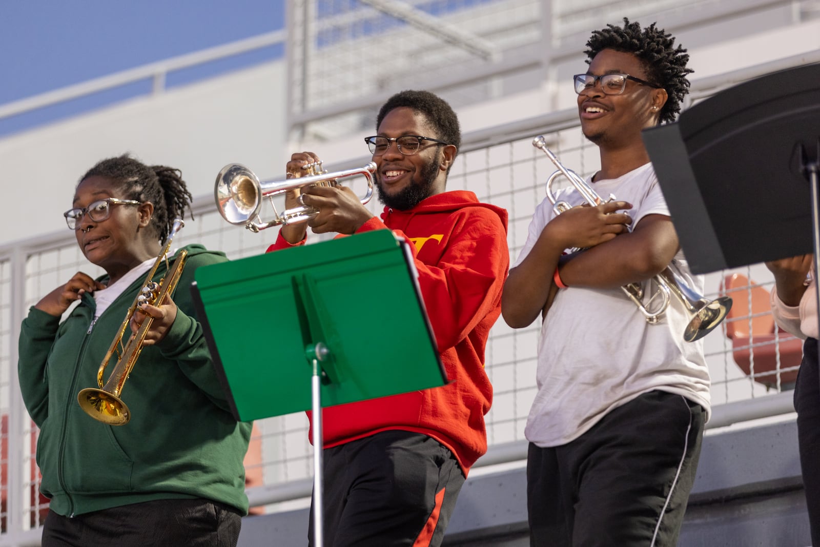 Clark Atlanta University marching band trumpet players practice at Panther Stadium at Clark Atlanta University in Atlanta on Thursday, October 10, 2024. (Arvin Temkar / AJC)