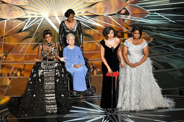 HOLLYWOOD, CA - FEBRUARY 26: NASA mathematician Katherine Johnson (2nd L) appears onstage with (L-R) actors Janelle Monae, Taraji P. Henson and Octavia Spencer speak onstage during the 89th Annual Academy Awards at Hollywood & Highland Center on February 26, 2017 in Hollywood, California. (Photo by Kevin Winter/Getty Images)