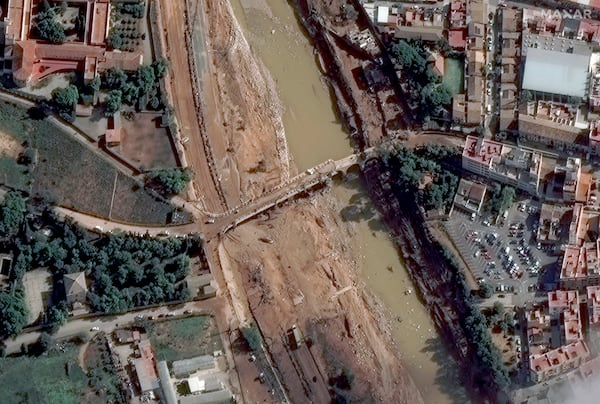 This satellite image released by Maxar Technologies shows mud caused by floods in Valencia, Spain, Thursday Oct. 31, 2024. (Satellite image ©2024 Maxar Technologies via AP)