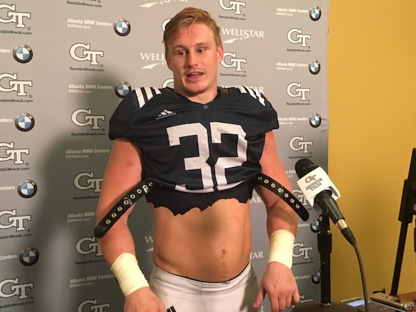 Georgia Tech linebacker David Curry speaks with media after the team's preseason practice August 9, 2018.