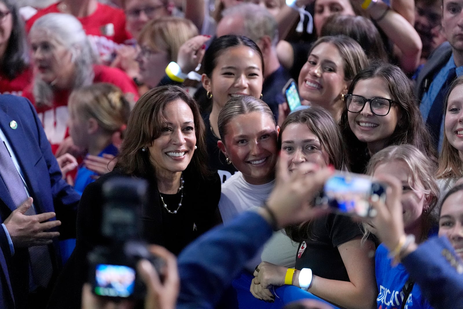 FILE - Democratic presidential nominee Vice President Kamala Harris takes a photo with supporters during a campaign rally at the Alliant Energy Center in Madison, Wis., Wednesday, Oct. 30, 2024. (AP Photo/Jacquelyn Martin, File)