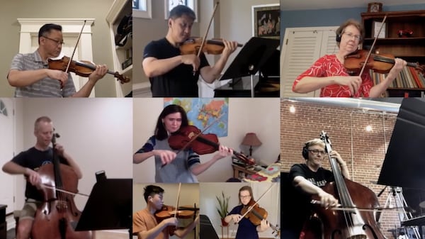 Musicians with the Atlanta Symphony Orchestra recently performed the Brandenburg Concerto #3 in G Major in a virtual ensemble, each playing in a home studio, synchronized for an online livestreamed performance. They are, clockwise from the upper left, Jung-Ching Lin (violin), Sou-Chun Su (violin) Carolyn Toll Hancock (violin), Gloria Jones Allgood (bass); Madeline Sharp (viola); Zhenwei Shi (viola), Brad Ritchie (cello), with Catherin Lynn (viola) at the center. CONTRIBUTED: ATLANTA SYMPHONY ORCHESTRA