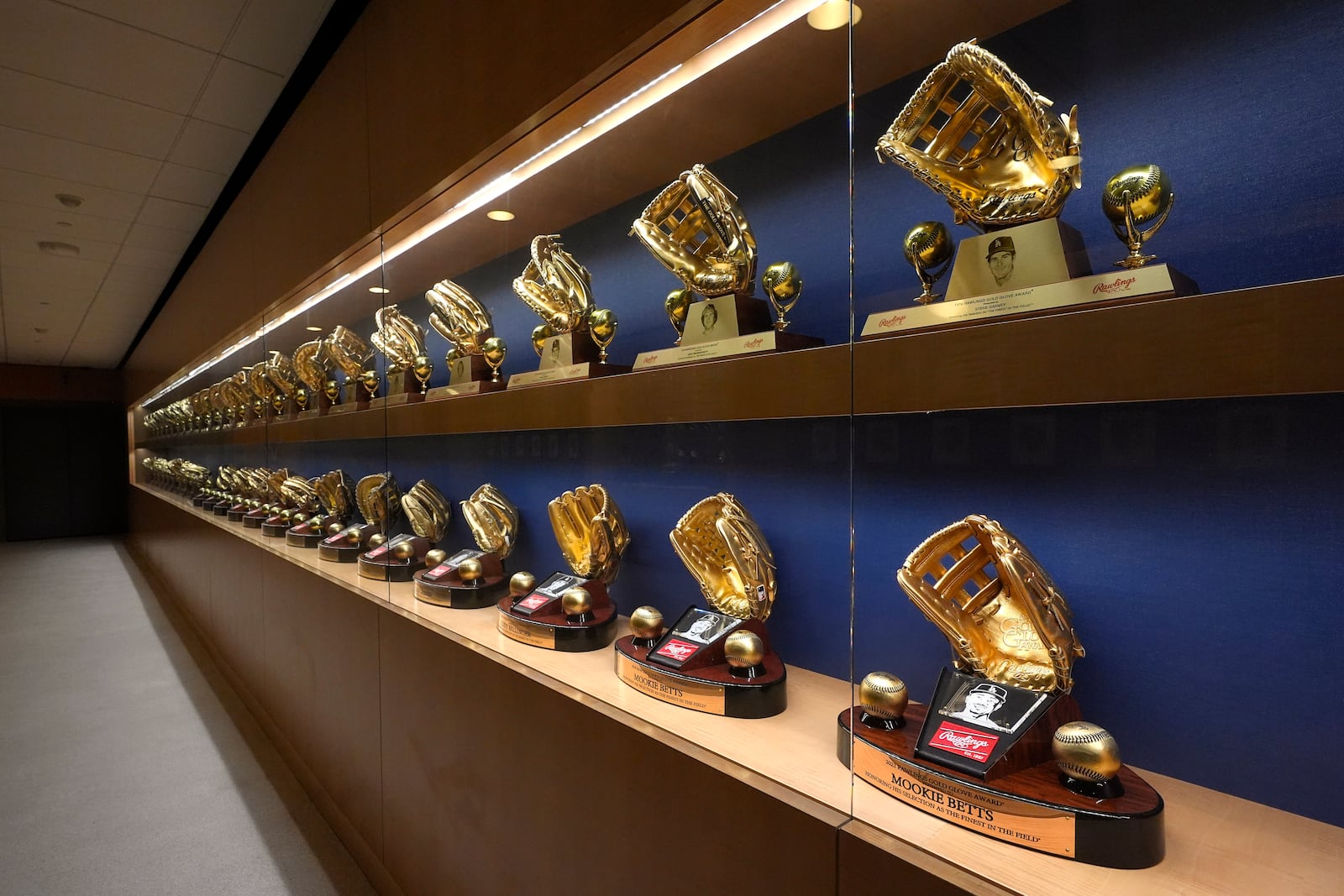 Los Angeles Dodgers memorabilia is seen near the Dodgers clubhouse, Saturday, Oct. 19, 2024, in Los Angeles. (AP Photo/Mark J. Terrill)