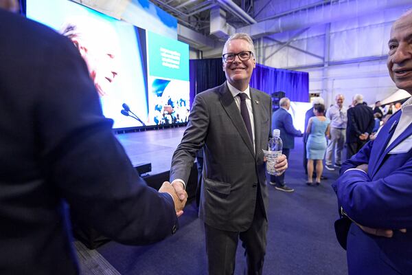 Delta Air Lines CEO Ed Bastian interacts with the audience during the Delta building dedication event at Delta headquarters in Atlanta, Georgia, on Monday, June 24, 2024.  (Ziyu Julian Zhu / AJC)