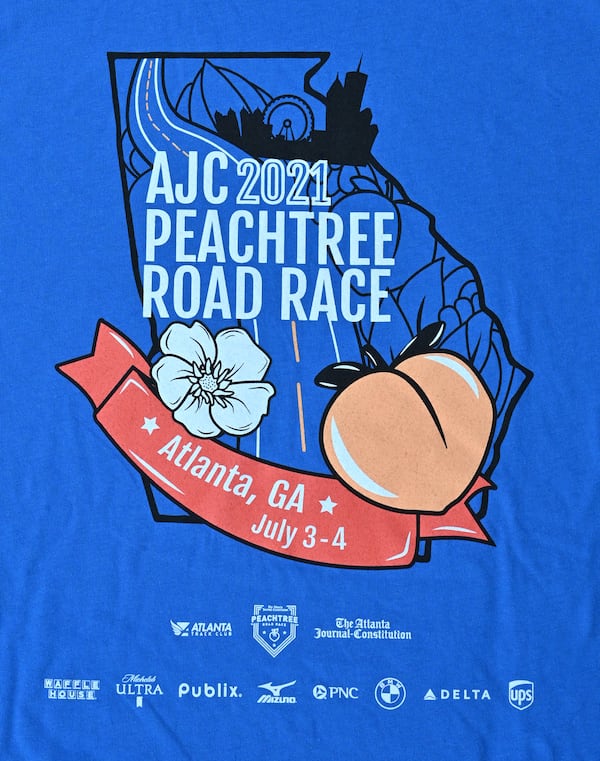 May 20, 2021 Atlanta - AJC 2021 Peachtree Road Race T-shirt design on Thursday, May 20, 2021. (Hyosub Shin / Hyosub.Shin@ajc.com)