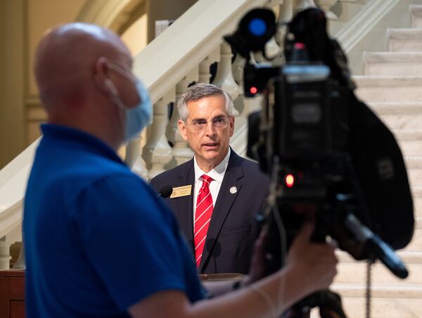 Georgia Secretary of State Brad Raffensperger holds a press conference Thursday morning May 28, 2020 at the State Capitol to talk about the upcoming Georgia primary on June 9. BEN GRAY FOR THE AJC