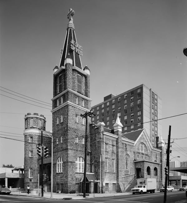 Big Bethel A.M.E. Church on Auburn Avenue at Butler Street (today's Jesse Hill Jr. Drive), as seen in 1979 and as it still looks today. Library of Congress