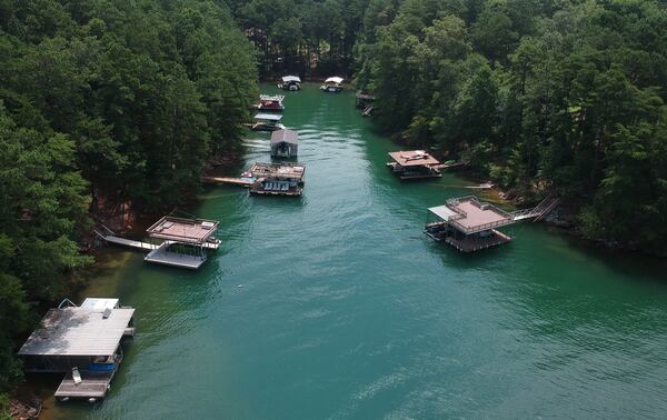 July 10, 2019 Buford  - Aerial view shows typical boat docks in Lake Lanier on Wednesday, July 10, 2019.  (Hyosub Shin / Hyosub.Shin@ajc.com)