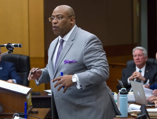 Fulton County Chief Assistant District Attorney Clint Rucker, questions witness Jay Grover on Day 9 of the Tex McIver murder trial at the Fulton County Courthouse on Friday, March 23, 2018. STEVE SCHAEFER / SPECIAL TO THE AJC