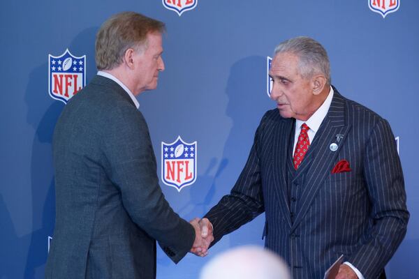 Falcons owner Arthur Blank shakes hands with the NFL commissioner Roger Goodell after the announcement that Atlanta will host Super Bowl 62 in 2028 during a press conference at the Whitley  Hotel on Tuesday, October 15, 2024.
(Miguel Martinez / AJC)