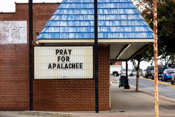 A “Pray for Apalachee” sign is seen in downtown Winder on Friday, Sept. 6, 2024. A 14-year-old student is accused of shooting and killing two fellow students and two teachers and injuring nine others at Apalachee High School on Wednesday.