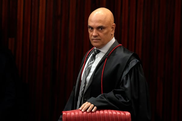 FILE - Brazilian Supreme Court Chief Justice Alexandre de Moraes arrives for a court hearing in Brasilia, Brazil, June 22, 2023. (AP Photo/Eraldo Peres, File)