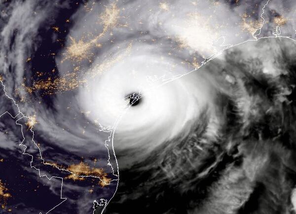 UNITED STATES, GULF COAST - AUGUST 25: In this NOAA handout image, NOAA's GOES East satellite capture of Hurricane Harvey shows the storm making landfall shortly after 10:00pm CDT on August 25, 2017 on the mid-Texas coast. Now at category 4 strength, Harvey's maximum sustained winds had increased to 130 miles per hour. (Photo by NASA/NOAA GOES Project via Getty Images)