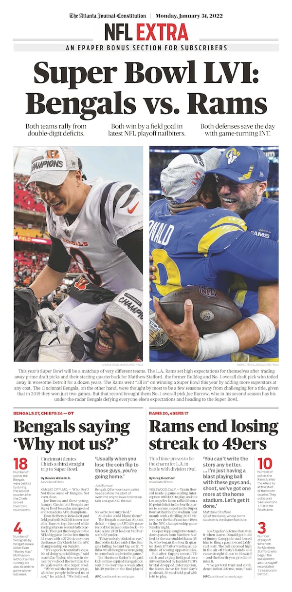 The Super Bowl matchup is set – Enjoy bonus coverage in the Monday AJC ePaper