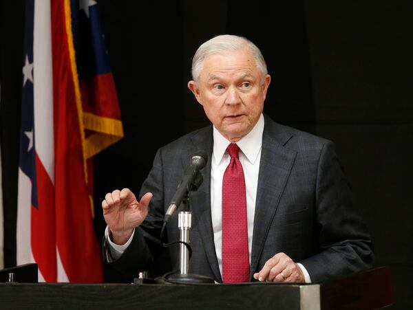 Attorney General Jeff Sessions is pictured speaking at the Columbus Police Academy.