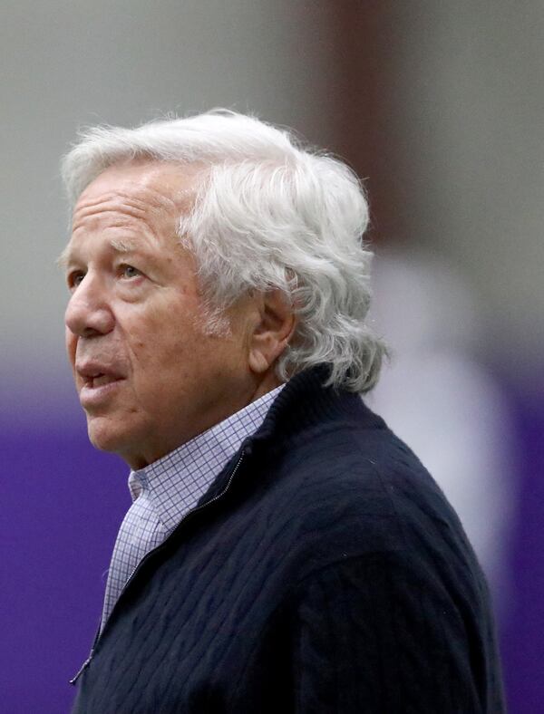 New England Patriots owner Robert Kraft, who was recently charged with soliciting another to commit prostitution, looks on during the team’s practice on Feb. 1, 2018, at Winter Park in Eden Prairie, Minn. ELSA / GETTY IMAGES