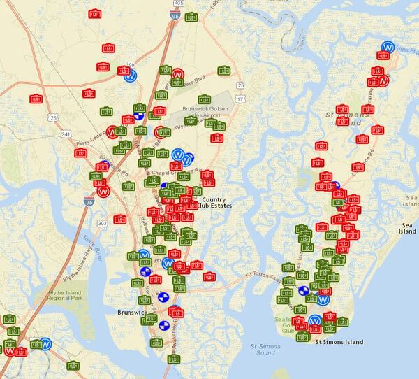 Red blocks show pump stations that aren’t working around Glynn County in this screen shot from 3:15 p.m. Wednesday.