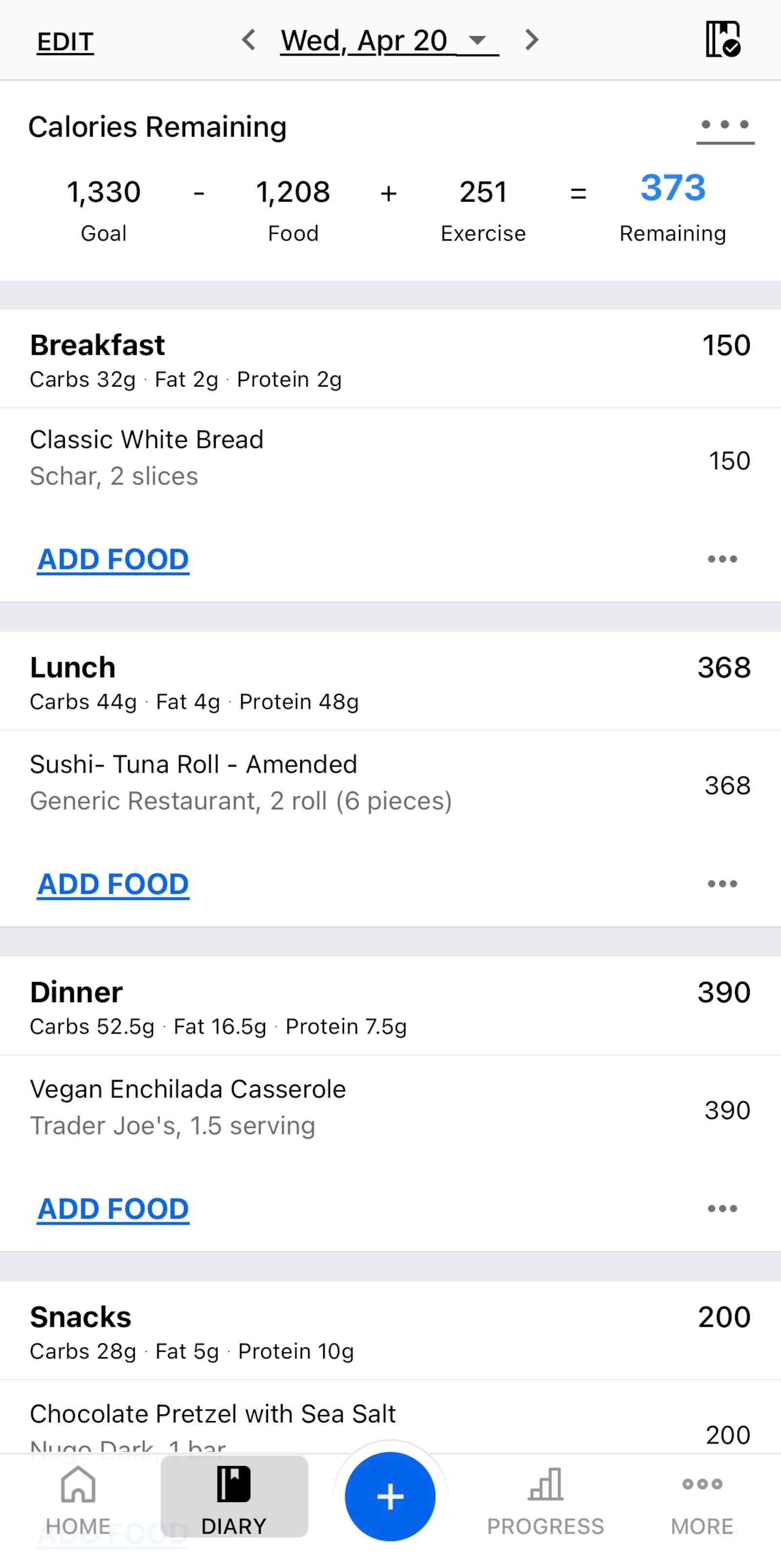 Screenshot from My Fitness Pal: Calorie Counter