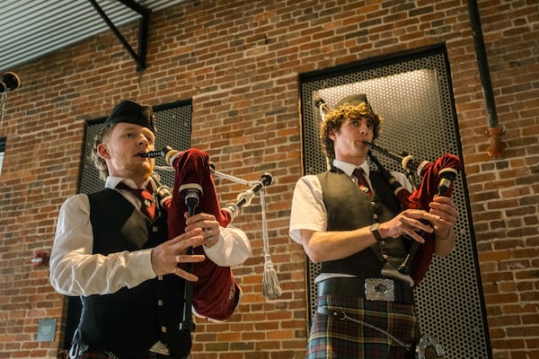 Members of the City of Limerick Pipe Band perform at the Kehoe Iron Works in Savannah, GA on March 9, 2025. (Justin Taylor/The Atlanta Journal-Constitution)