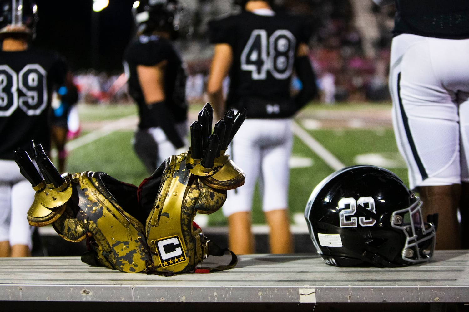 The Alpharetta high school sidelines during the Alpharetta vs. Blessed Trinity high school football game on Friday, October 28, 2022, at Alpharetta high school in Alpharetta, Georgia. Alpharetta led Blessed Trinity 21-7 at the end of the first half.