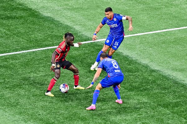 Atlanta United midfielder Tristan Muyumba #8 dribbles the ball during the match against Cruz Azul at Mercedes-Benz Stadium in Atlanta, GA on Saturday July 29, 2023. (Photo by Asher Greene/Atlanta United)