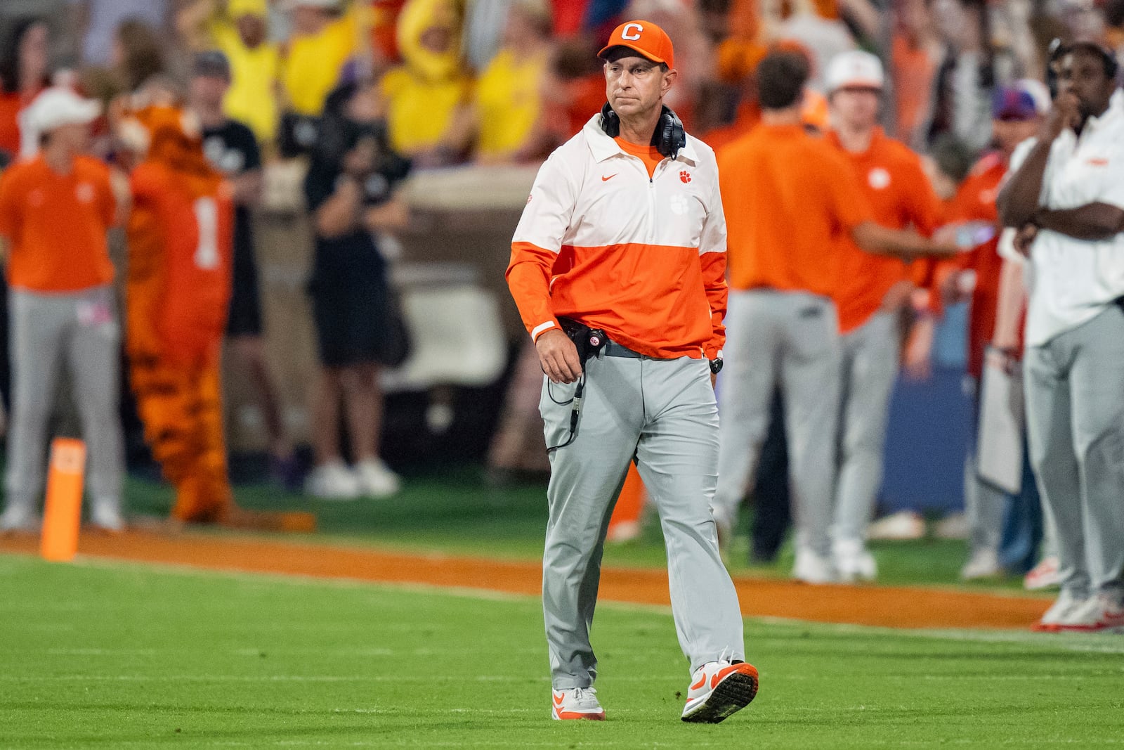 Clemson head coach Dabo Swinney looks on in the second half of an NCAA college football game against Louisville, Saturday, Nov. 2, 2024, in Clemson, S.C. (AP Photo/Jacob Kupferman)