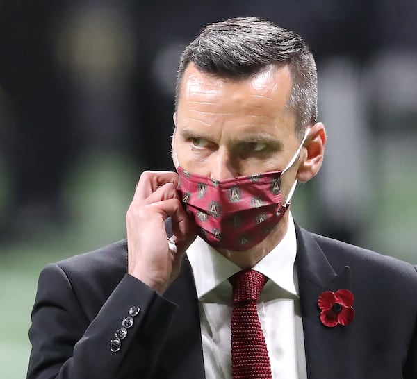 Atlanta United interim head coach Stephen Glass watches over the pitch as the team prepares for its final home game Sunday, Nov. 1, 2020, at Mercedes-Benz Stadium in Atlanta against Cincinnati. (Curtis Compton / Curtis.Compton@ajc.com)