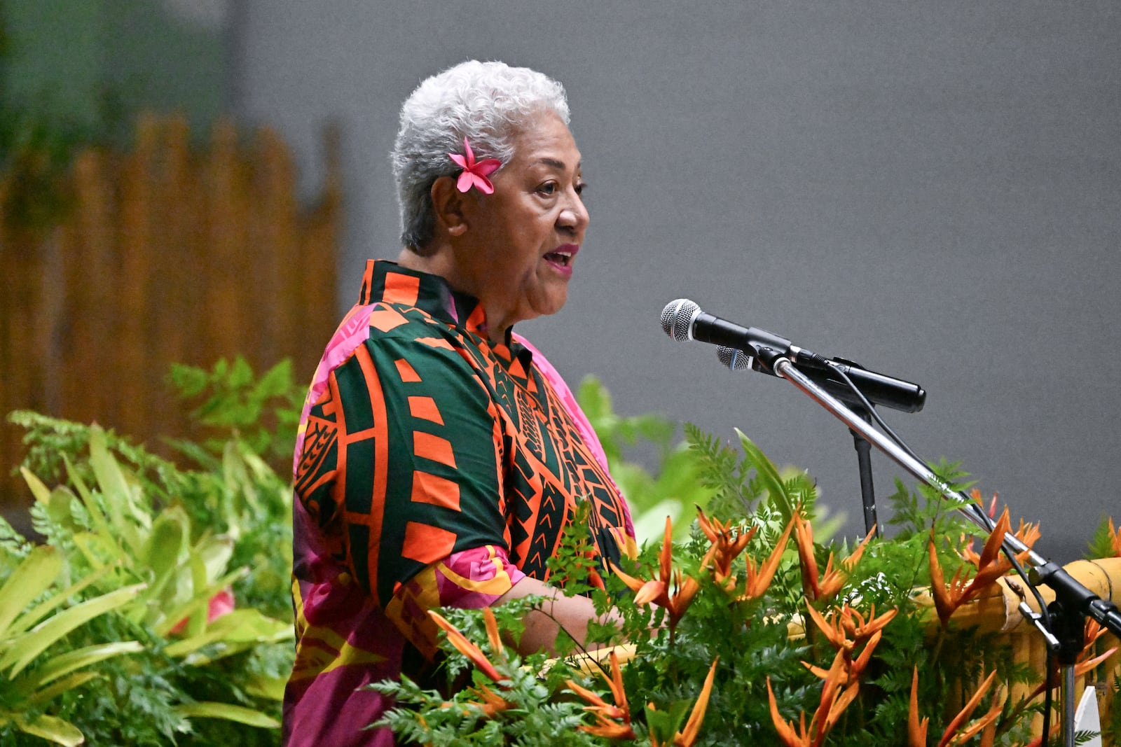 Samoa's Prime Minister Afioga Fiame Naomi Mata'afa speaks during the State Banquet during the Commonwealth Heads of Government Meeting (CHOGM) in Apia, Samoa, Thursday, Oct. 24, 2024. (William West/Pool Photo via AP)